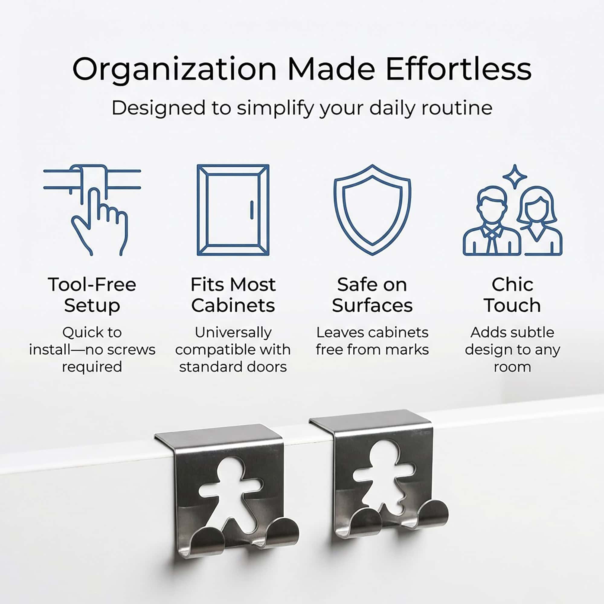 "Infographic highlighting four product features: tool-free setup, fits most cabinets, safe on surfaces, chic touch"