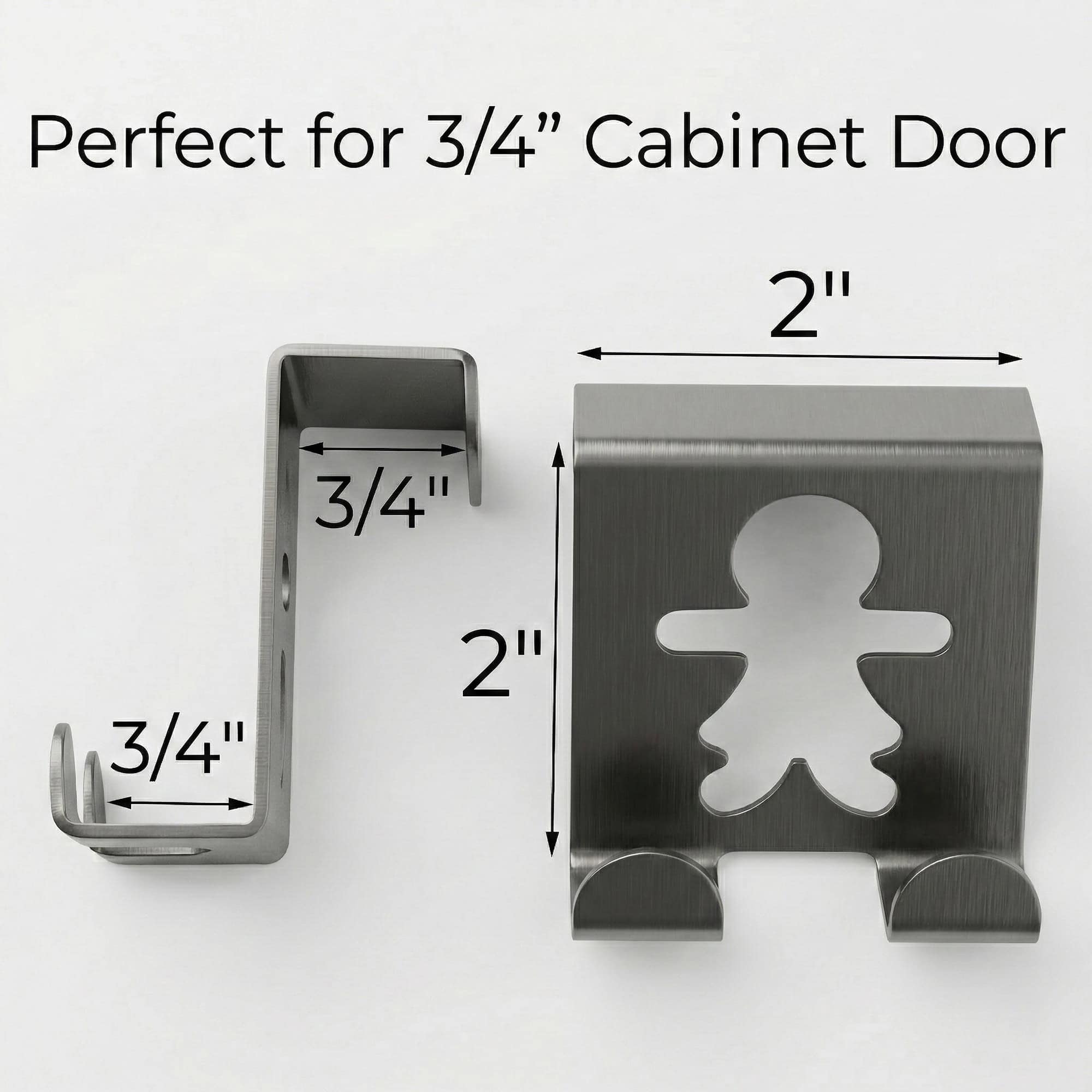 "Dimensions diagram showing stainless steel hook fits 3/4-inch cabinet door, with 2-inch height and width"
