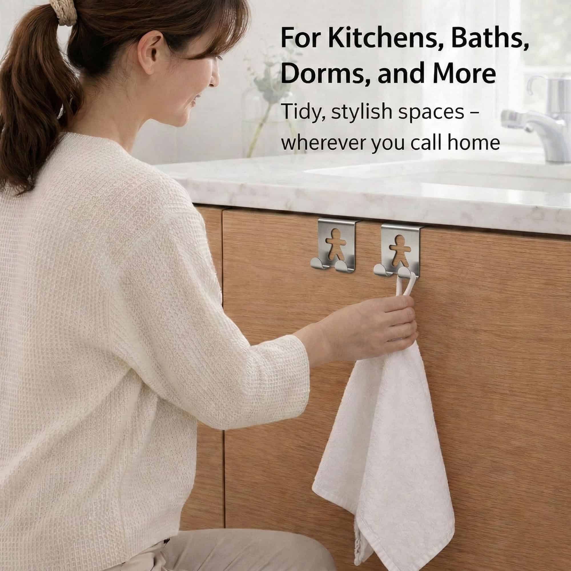 "Woman hanging white towel on stainless steel figure hooks on wood bathroom vanity cabinet"
