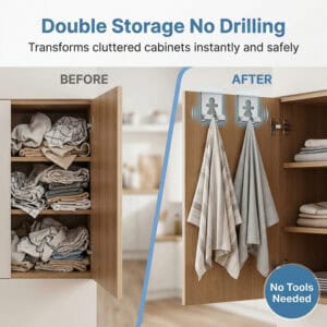 "Before-and-after infographic showing cluttered cabinet versus organized cabinet door with two hooks and towels, no tools needed"