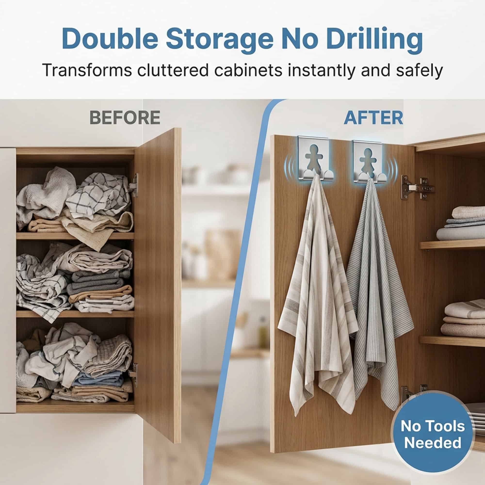 "Before-and-after infographic showing cluttered cabinet versus organized cabinet door with two hooks and towels, no tools needed"