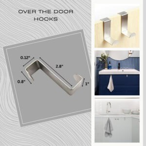 "Over-the-door hook dimensions diagram with bathroom lifestyle photos collage"