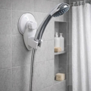 "White suction bracket holding chrome handheld shower head on gray tile wall"