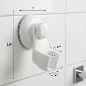"White shower head bracket with dimensions: 3" wide, 5.6" tall, 2.12" deep"
