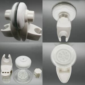 "Four-panel detail view showing suction shower bracket components and angles"