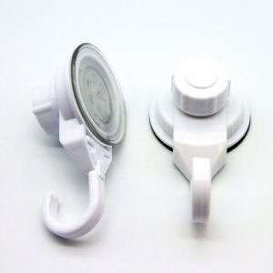 Two white vacuum suction cup hooks shown front and back view