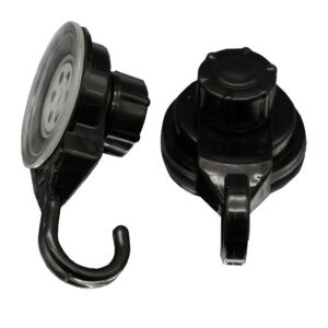 Two black vacuum suction cup hooks shown front and back view on white background