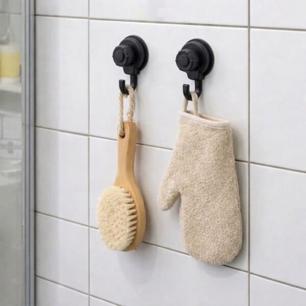 Two black suction cup hooks on shower tiles holding a wooden body brush and exfoliating mitt