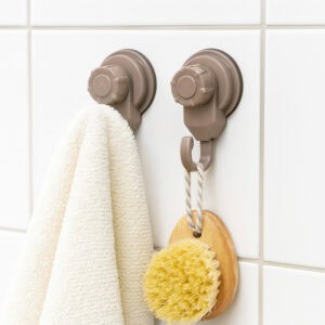 Two tan suction cup hooks on white tiles holding a cream towel and wooden body brush