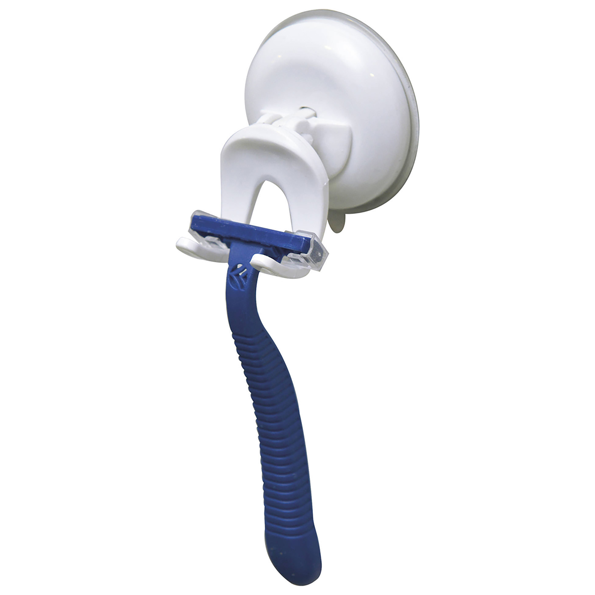 White suction cup razor holder holding a blue disposable razor on white background