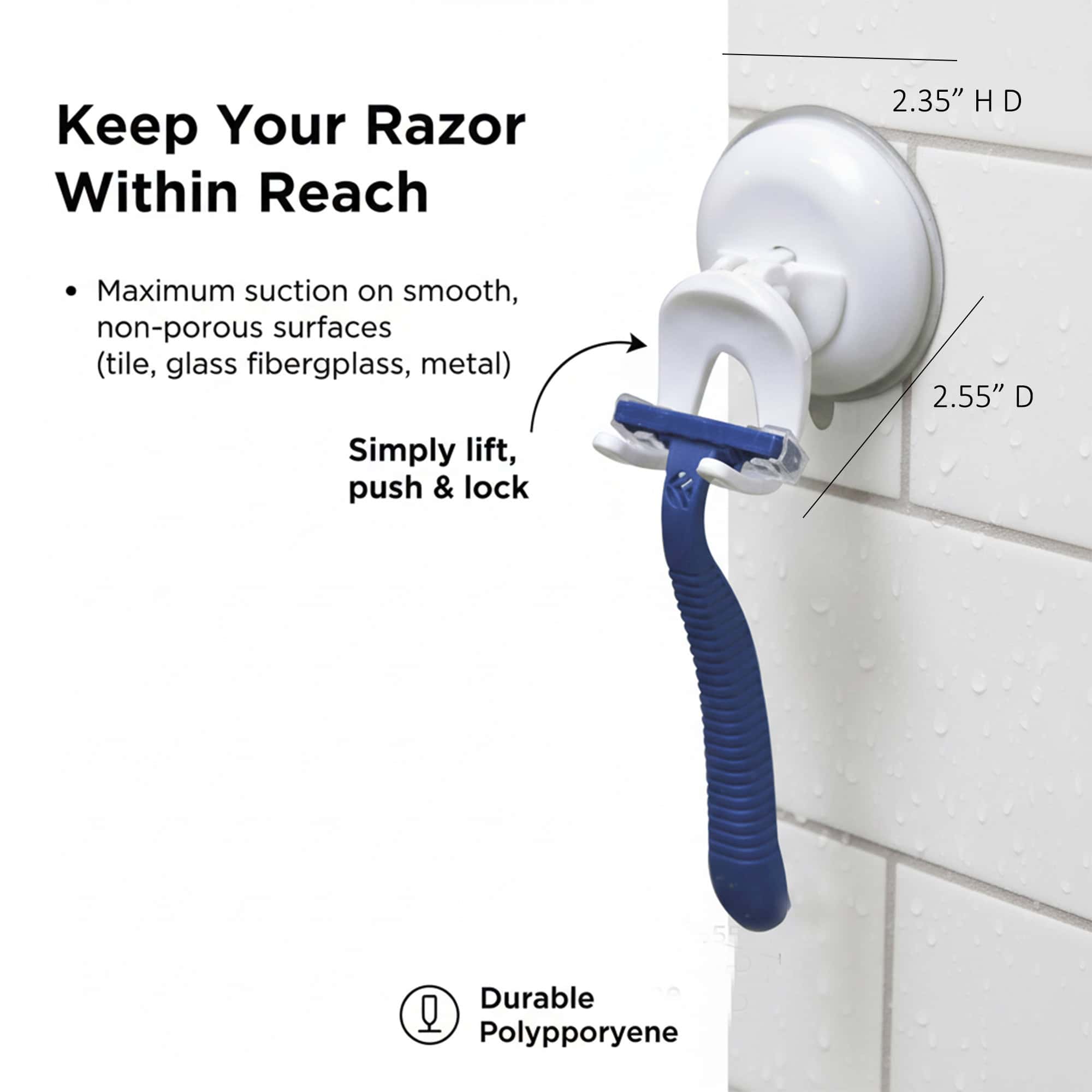 White suction cup razor holder with dimensions and feature callouts, holding a blue razor on wet subway tiles