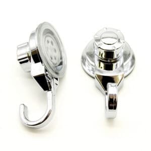 Two chrome vacuum suction cup hooks shown front and back view on white background