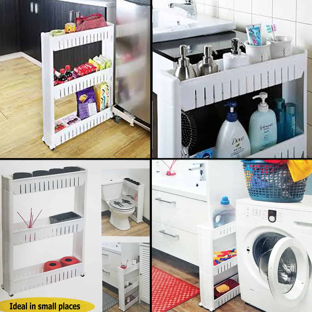 White 3-tier rolling utility cart in various home settings, showcasing its versatility and space-saving design for storage