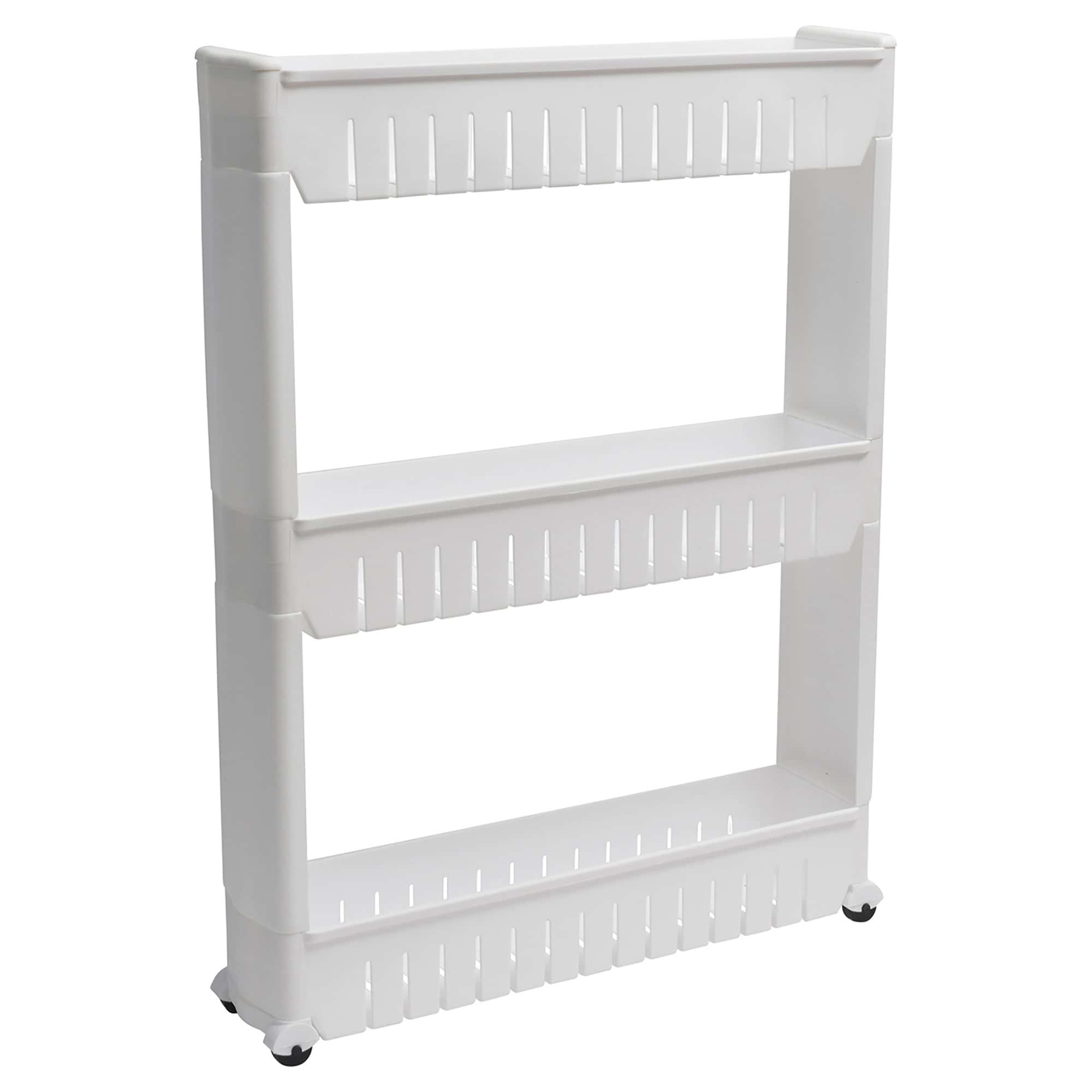 White 3-tier slim rolling storage cart with vented shelves on caster wheels, on white background