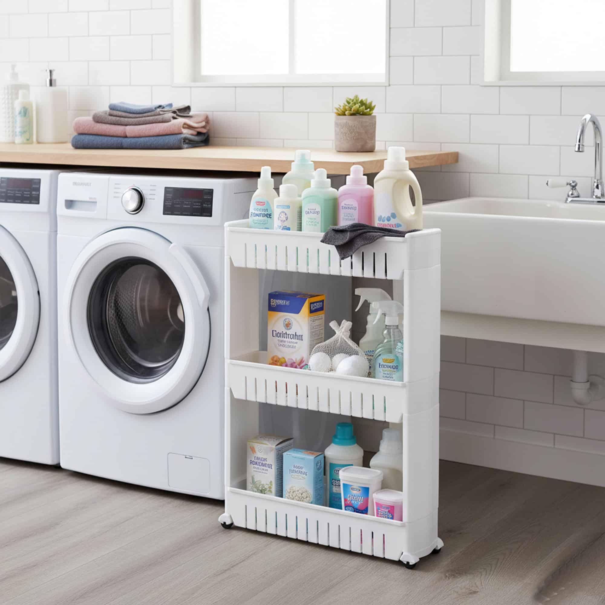 White 3-tier rolling cart holding laundry products between a front-load washer and utility sink in a laundry room