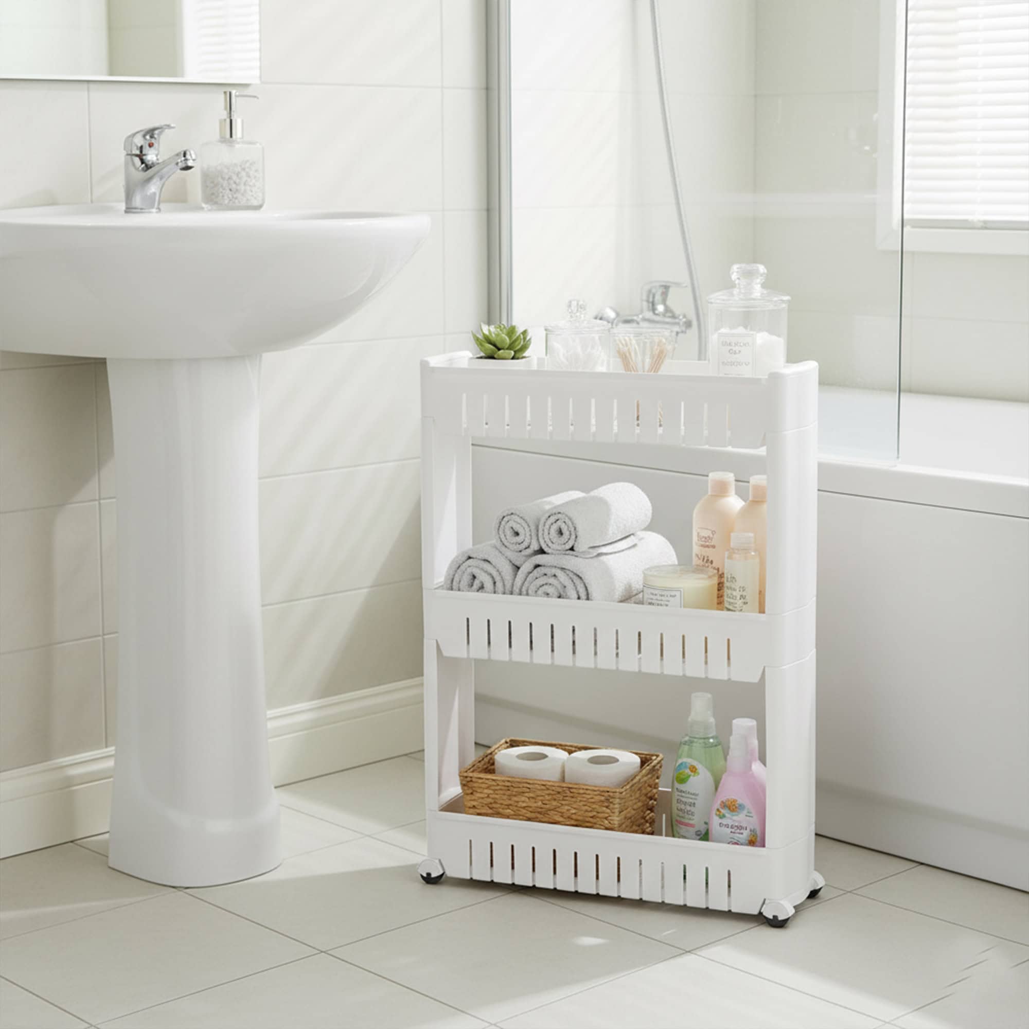 White 3-tier rolling cart holding rolled towels, bath products, and toilet paper in a white bathroom
