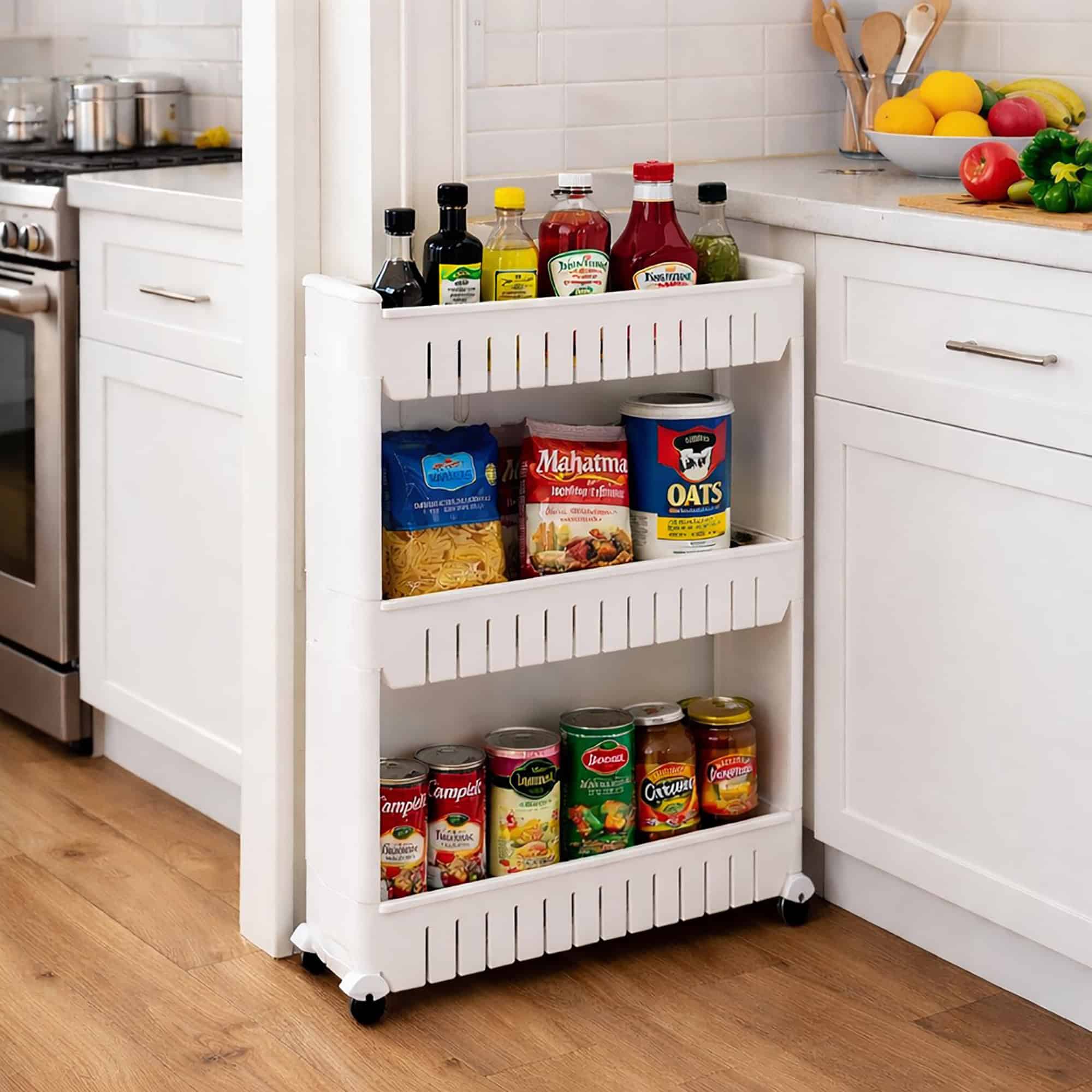 White 3-tier rolling cart holding condiments, dry goods, and canned goods in a white kitchen