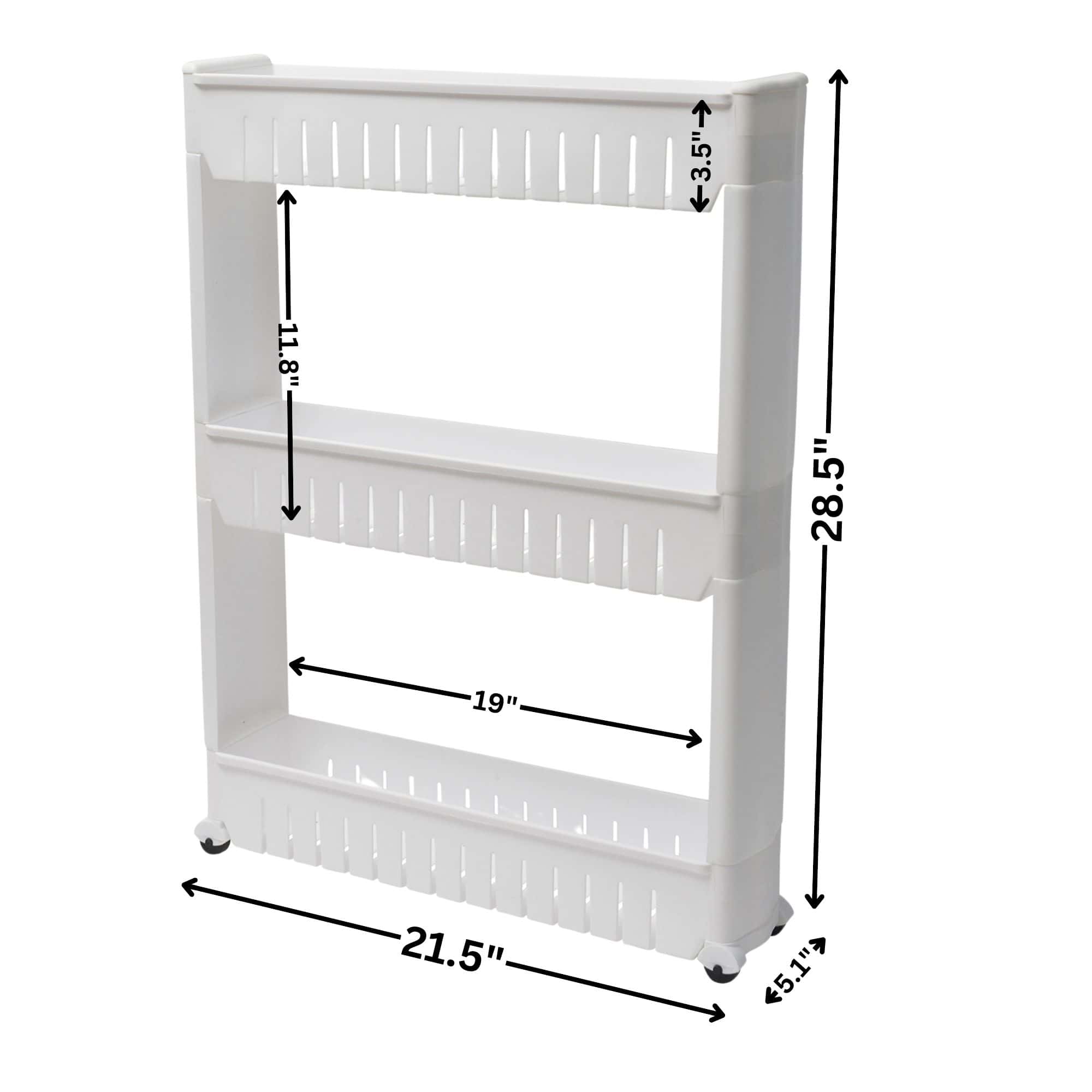 White 3-tier rolling cart with labeled dimensions: 21.5"W x 5.1"D x 28.5"H, shelf height 11.8"