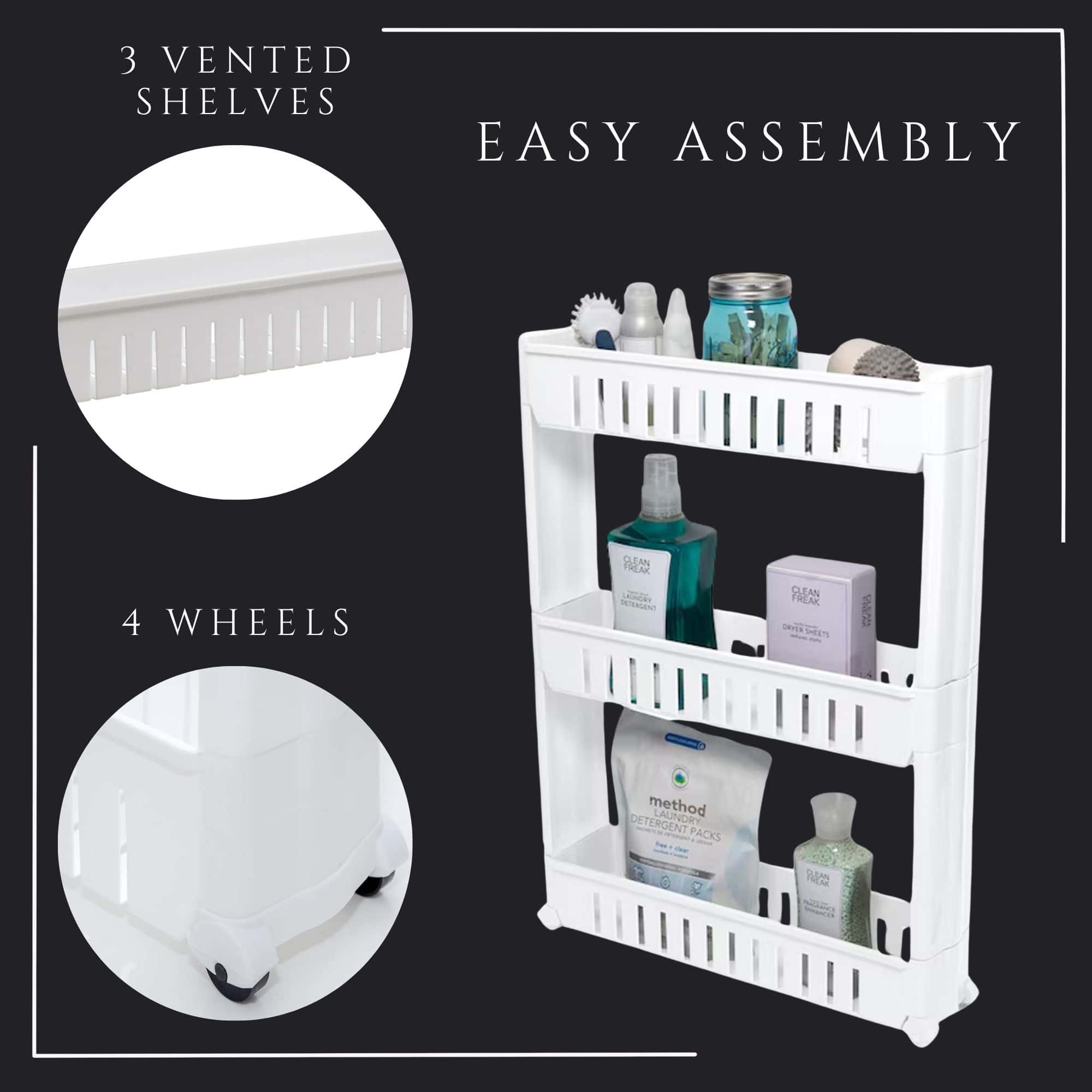 Feature callout showing white rolling cart with vented shelf close-up, caster wheel close-up, and cart stocked with laundry products