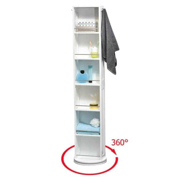 Swivel-Storage-Cabinet-Organizer-Tower-White-Freestanding-linen-tower-Mirror