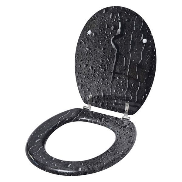 Oval Toilet Seat Water Drops Effect -3 Printed Sides- Adjustable Zinc Hinges- Black