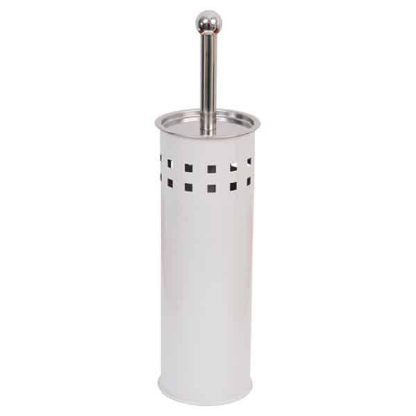 Perforated Metal Bathroom Free Standing Toilet Bowl Brush with Holder Stainless Steel Lid Color: White