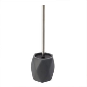 Gray diamond-shaped stoneware toilet brush holder with stainless steel handle on white background