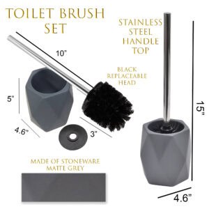 Product diagram showing gray diamond stoneware toilet brush set with dimensions and black replaceable brush head