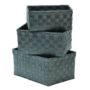 Checkered Woven Strap Storage Baskets Totes Set of 3 Gray