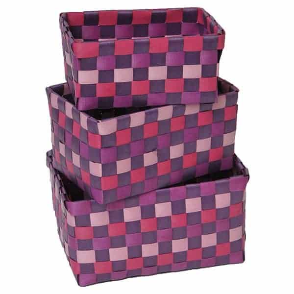 Checkered Woven Strap Storage Baskets Totes Set of 3 Purple