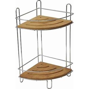 Free Standing Metal Wire Corner Shower Caddy with 2 Bamboo Shelves Color Brown