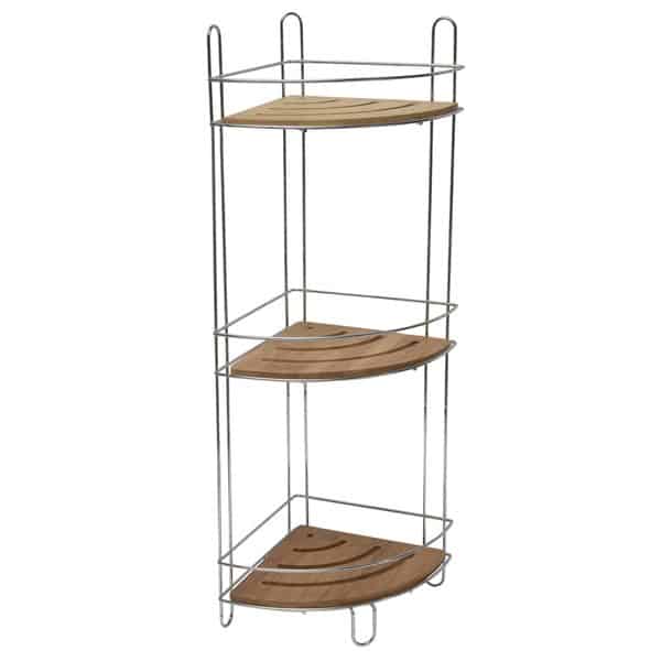 Free Standing Metal Wire Corner Shower Caddy with 3 Bamboo Shelves Color Brown