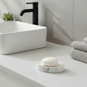 Oval marble soap dish with bar soap on bathroom counter