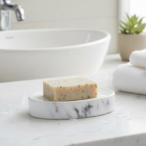 Marble soap dish close up with water drops on surface