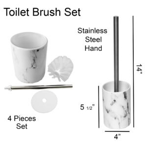 Product diagram showing white marble effect toilet brush set with dimensions and stainless steel components