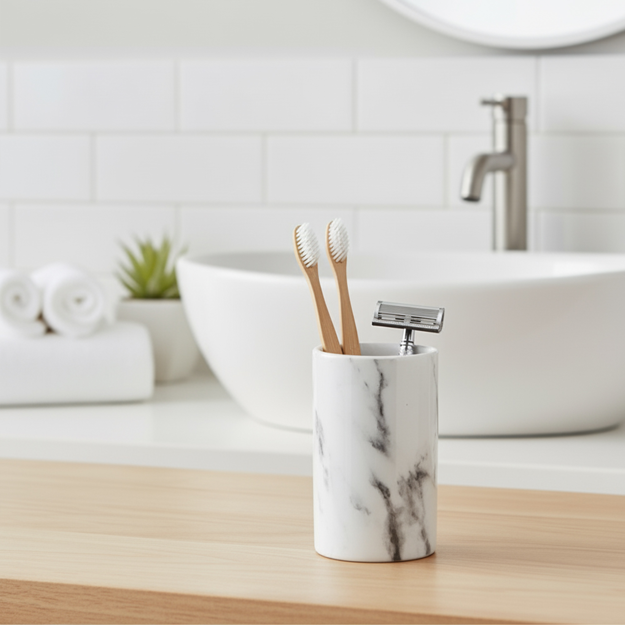 Marble effect tumbler used as toothbrush and razor holder