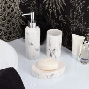 Marble effect bathroom accessory set with tumbler soap dispenser soap dish