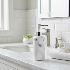 White marble effect soap dispenser on bathroom countertop