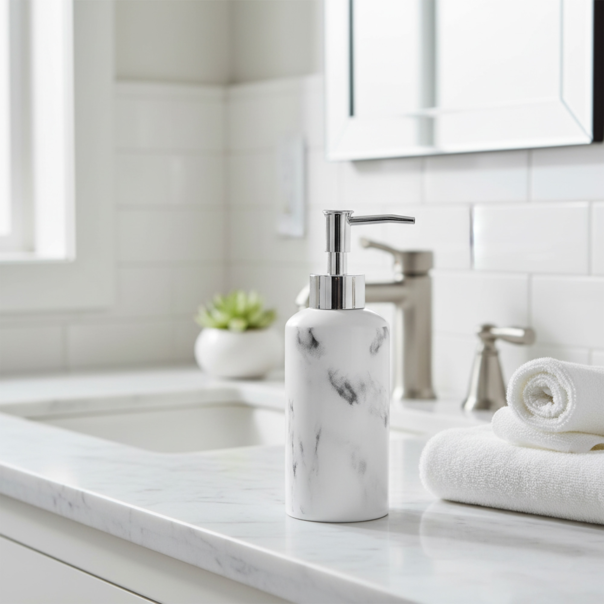 White marble effect soap dispenser on bathroom countertop