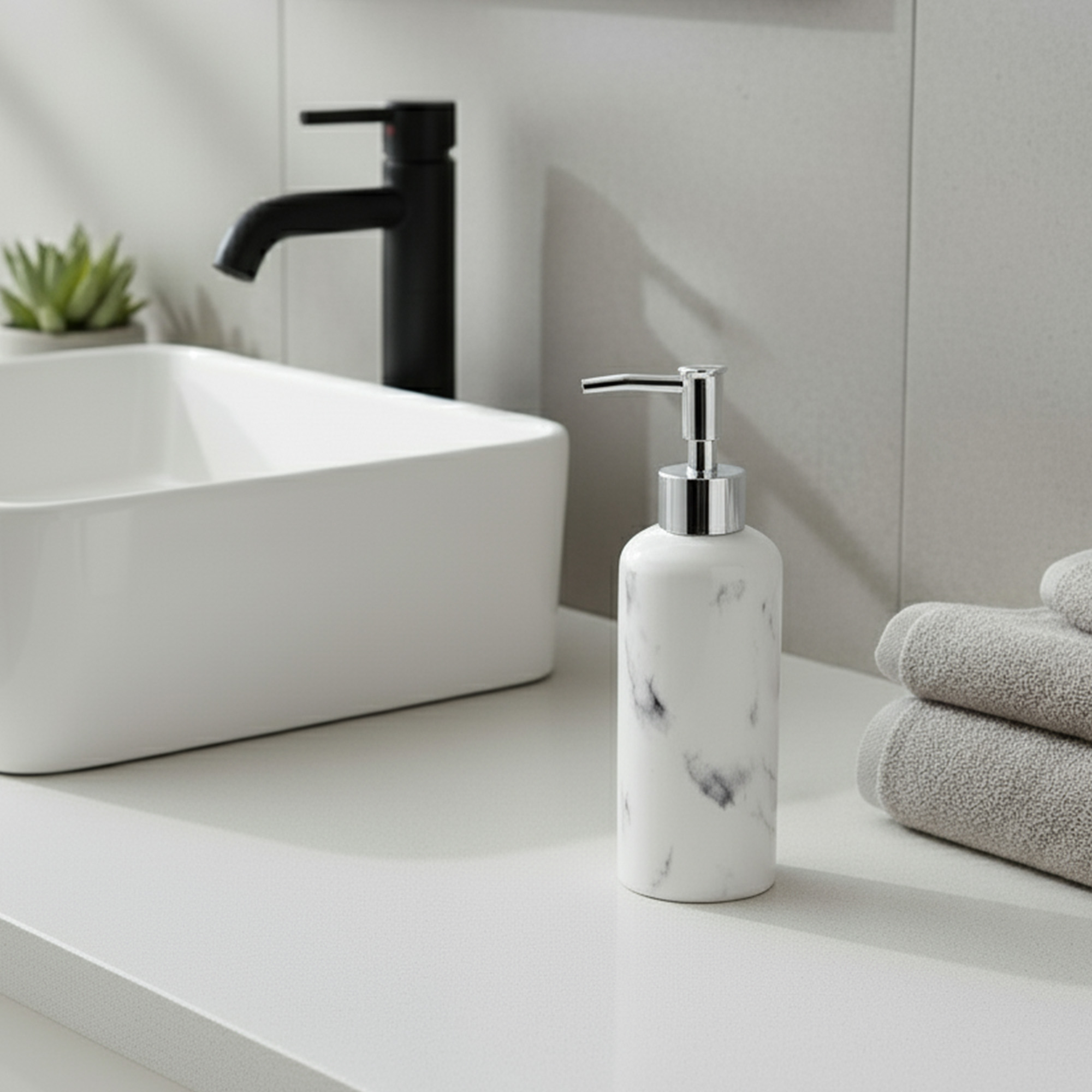 Marble effect soap dispenser styled next to sink and towels