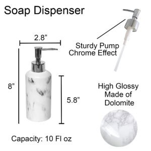 Soap dispenser size and dimension infographic with marble finish