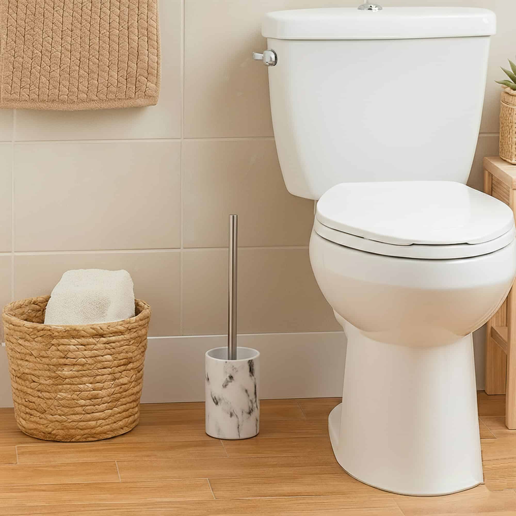 Marble toilet brush holder placed beside white toilet in bathroom