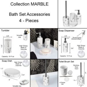 Infographic showing dimensions and features of the white marble 4-piece bathroom accessory set