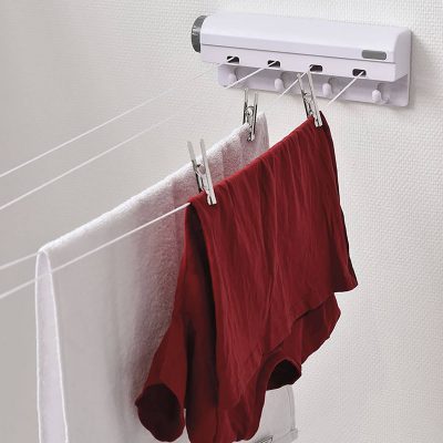 96134208-Wall Mounted Retractable Tension Clothesline -4 Built-in Hanging Hooks - WhiteGray-2