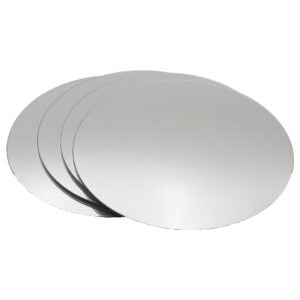 "Four round frameless mirrors stacked together, product shot on white background"