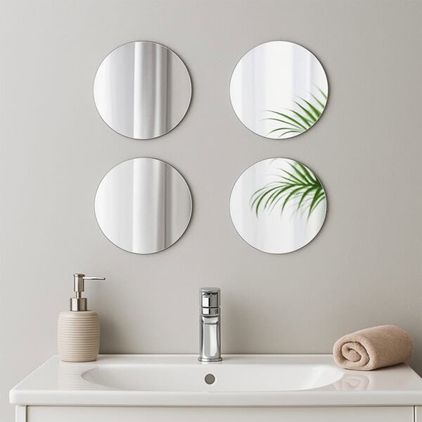 "Four round wall mirrors in 2x2 arrangement above a bathroom sink"