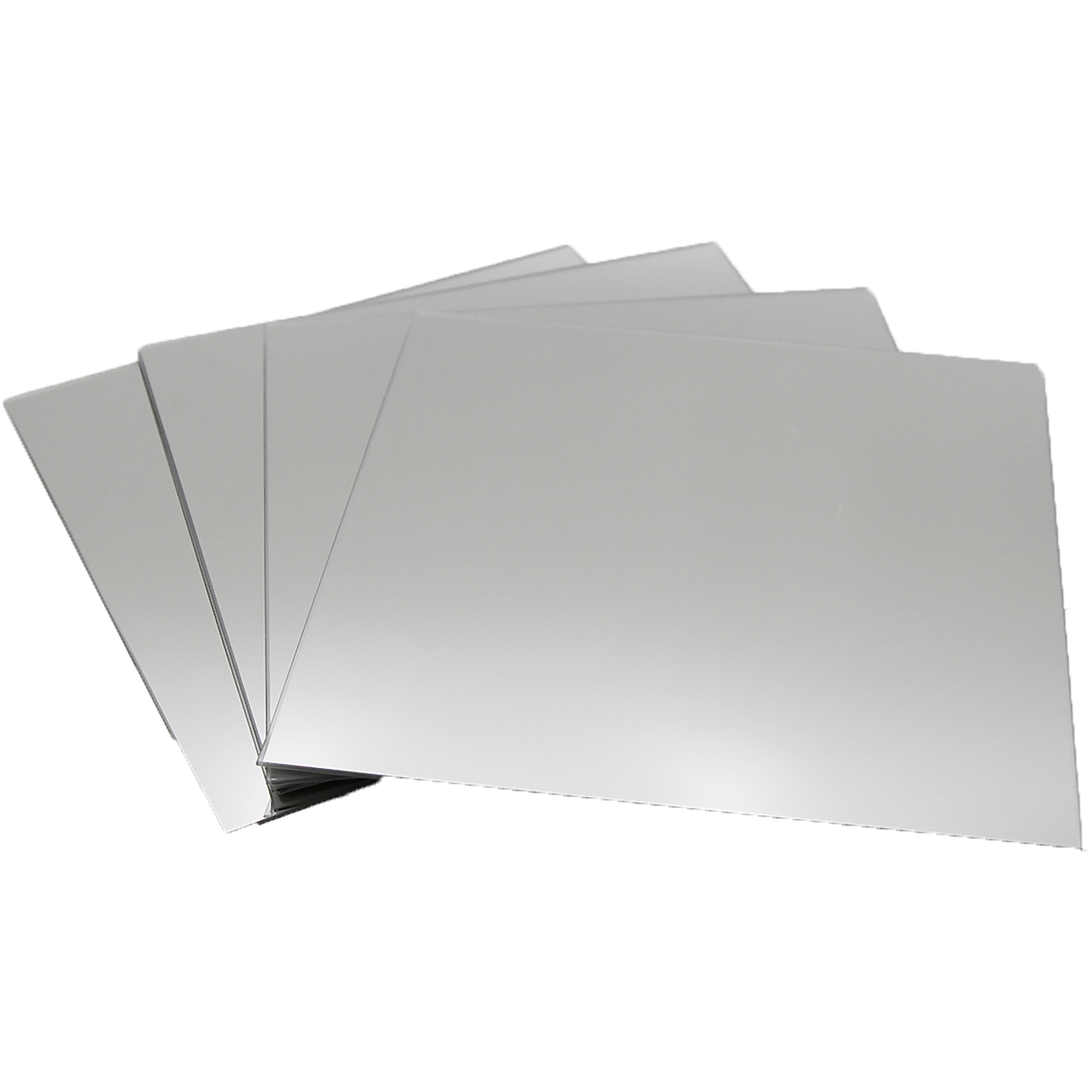 "Four square frameless mirrors fanned out, product shot on white background"