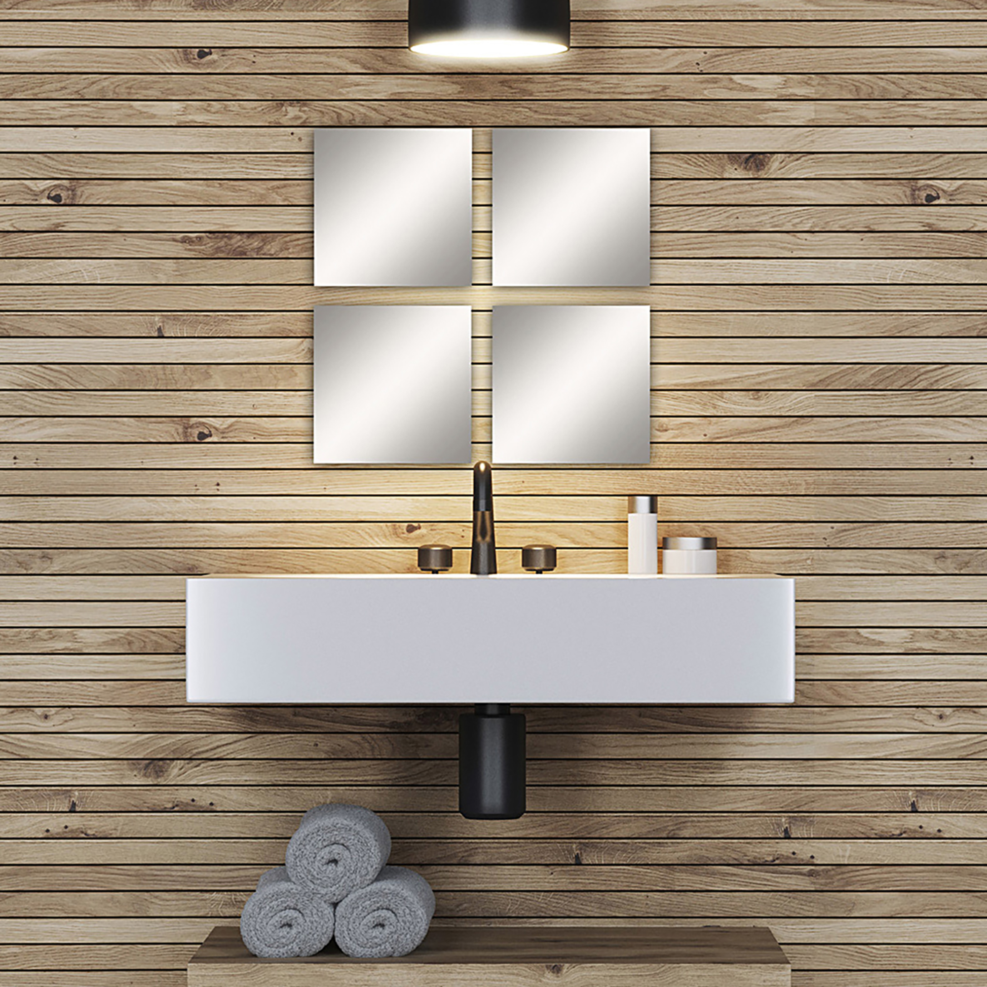"Four square frameless mirrors in 2x2 grid above a floating bathroom vanity with wood plank wall"
