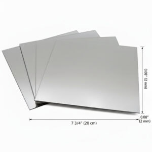 "Stack of four square frameless mirrors with dimensions labeled: 7¾ inches (20 cm) wide, 0.08 inches (2 mm) thick"