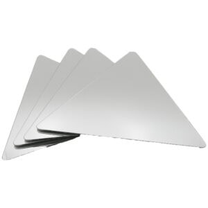 "Four frameless triangle mirrors stacked and fanned out, product shot on white background"